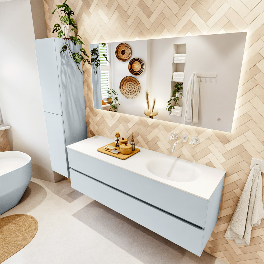 MONDIAZ VICA 150cm mueble de baño Clay 2 cajones. Lavabo MOON Derecho sin orificio color Talc con espejo LED. 1 MONDIAZ VICA 150cm mueble de baño Clay 2 cajones. Lavabo MOON Derecho sin orificio color Talc con espejo LED.