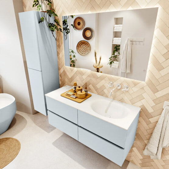 MONDIAZ VICA 120cm mueble de baño Clay 4 cajones. Lavabo MOON Derecho sin orificio color Talc con espejo LED.