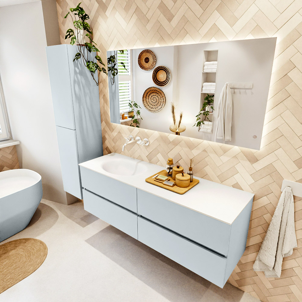 MONDIAZ VICA 150cm mueble de baño Clay 4 cajones. Lavabo MOON Izquierda sin orificio color Talc con espejo LED. 1 MONDIAZ VICA 150cm mueble de baño Clay 4 cajones. Lavabo MOON Izquierda sin orificio color Talc con espejo LED.