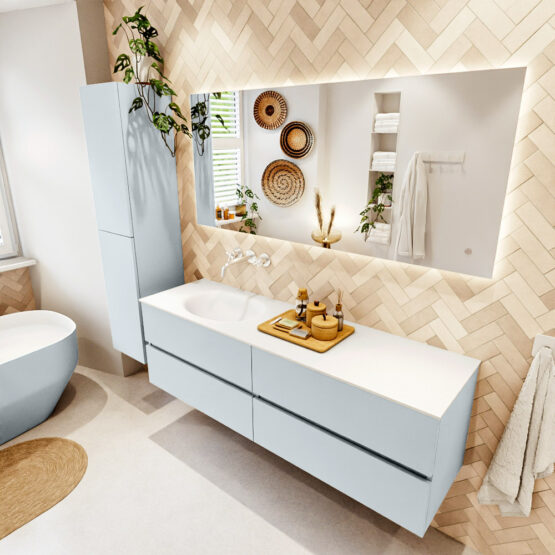 MONDIAZ VICA 160cm mueble de baño Clay 4 cajones. Lavabo MOON Izquierda sin orificio color Talc con espejo LED.