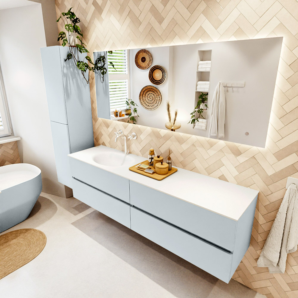 MONDIAZ VICA 180cm mueble de baño Clay 4 cajones. Lavabo MOON Izquierda 1 orificio color Talc con espejo LED. 1 MONDIAZ VICA 180cm mueble de baño Clay 4 cajones. Lavabo MOON Izquierda 1 orificio color Talc con espejo LED.