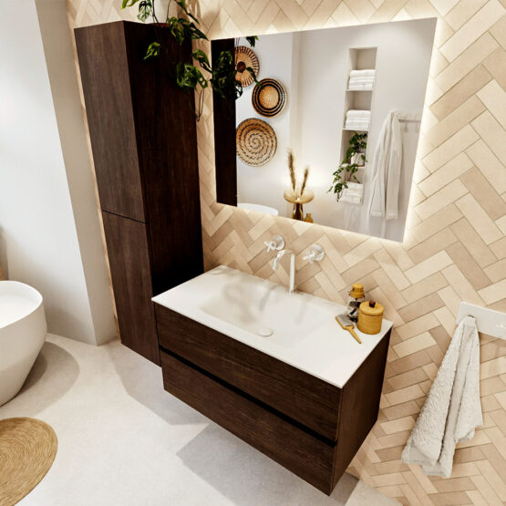 MONDIAZ VICA 90cm mueble de baño Dark Brown 2 cajones. Lavabo CLOUD Centro 1 orificio color Talc con espejo LED.
