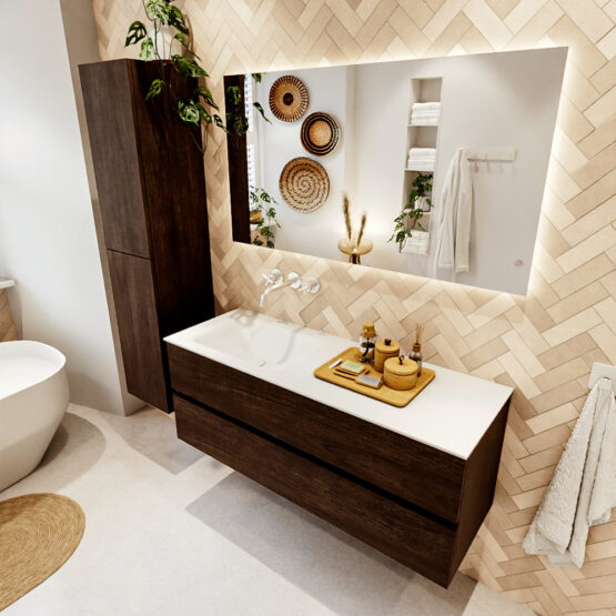 MONDIAZ VICA 130cm mueble de baño Dark Brown 2 cajones. Lavabo CLOUD Izquierda sin orificio color Talc con espejo LED.