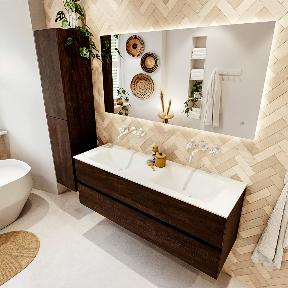 MONDIAZ VICA 140cm mueble de baño Dark Brown 2 cajones. Lavabo CLOUD Doble sin orificio color Talc con espejo LED. 1 MONDIAZ VICA 140cm mueble de baño Dark Brown 2 cajones. Lavabo CLOUD Doble sin orificio color Talc con espejo LED.