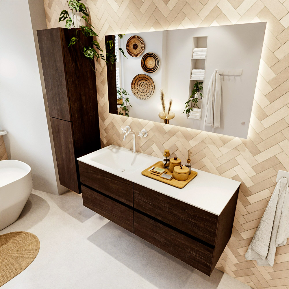 MONDIAZ VICA 130cm mueble de baño Dark Brown 4 cajones. Lavabo CLOUD Izquierda 1 orificio color Talc con espejo LED. 1 MONDIAZ VICA 130cm mueble de baño Dark Brown 4 cajones. Lavabo CLOUD Izquierda 1 orificio color Talc con espejo LED.