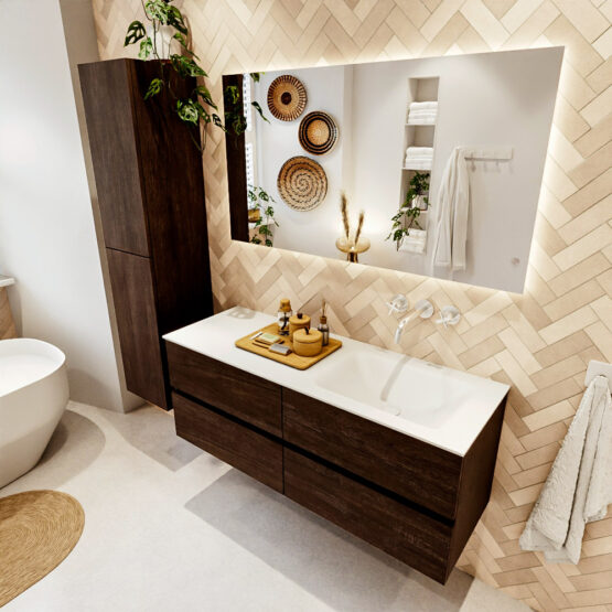 MONDIAZ VICA 130cm mueble de baño Dark Brown 4 cajones. Lavabo CLOUD Derecho sin orificio color Talc con espejo LED.