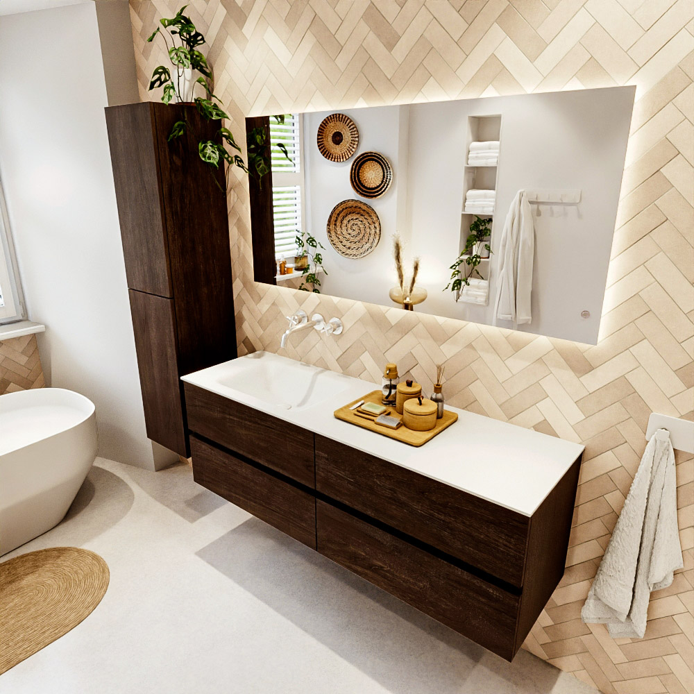 MONDIAZ VICA 150cm mueble de baño Dark Brown 4 cajones. Lavabo CLOUD Izquierda sin orificio color Talc con espejo LED. 1 MONDIAZ VICA 150cm mueble de baño Dark Brown 4 cajones. Lavabo CLOUD Izquierda sin orificio color Talc con espejo LED.