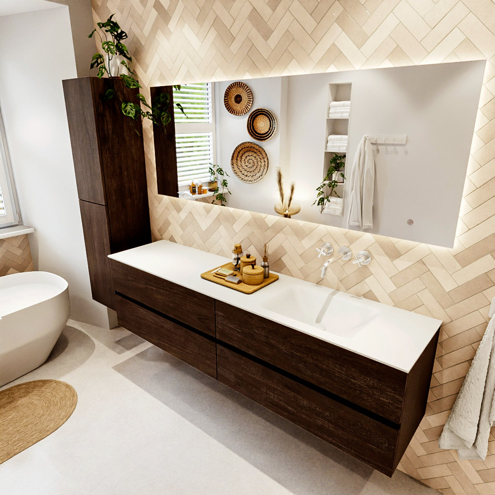 MONDIAZ VICA 190cm mueble de baño Dark Brown 4 cajones. Lavabo CLOUD Derecho sin orificio color Talc con espejo LED. 1 MONDIAZ VICA 190cm mueble de baño Dark Brown 4 cajones. Lavabo CLOUD Derecho sin orificio color Talc con espejo LED.