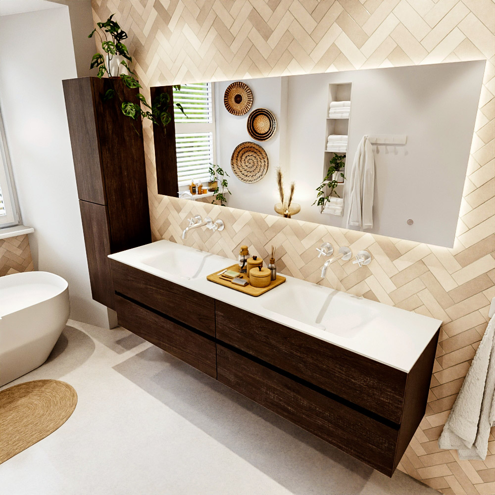 MONDIAZ VICA 190cm mueble de baño Dark Brown 4 cajones. Lavabo CLOUD Doble sin orificio color Talc con espejo LED. 1 MONDIAZ VICA 190cm mueble de baño Dark Brown 4 cajones. Lavabo CLOUD Doble sin orificio color Talc con espejo LED.