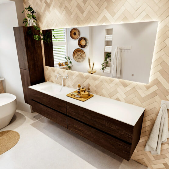 MONDIAZ VICA 200cm mueble de baño Dark Brown 4 cajones. Lavabo CLOUD Izquierda 1 orificio color Talc con espejo LED.