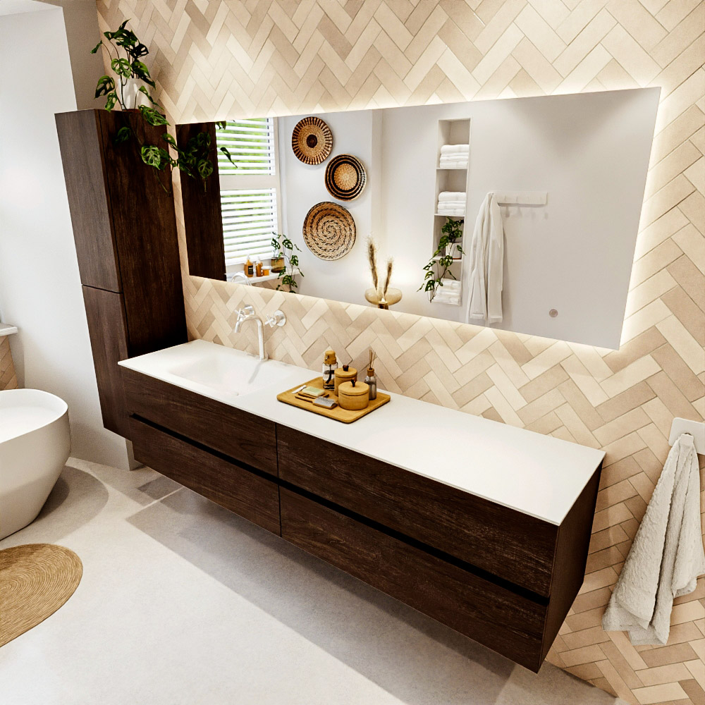 MONDIAZ VICA 200cm mueble de baño Dark Brown 4 cajones. Lavabo CLOUD Izquierda 1 orificio color Talc con espejo LED. 1 MONDIAZ VICA 200cm mueble de baño Dark Brown 4 cajones. Lavabo CLOUD Izquierda 1 orificio color Talc con espejo LED.