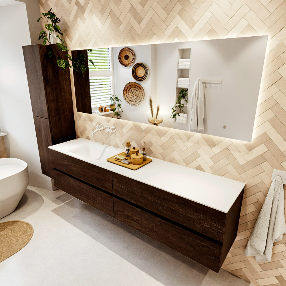 MONDIAZ VICA 200cm mueble de baño Dark Brown 4 cajones. Lavabo CLOUD Izquierda sin orificio color Talc con espejo LED. 1 MONDIAZ VICA 200cm mueble de baño Dark Brown 4 cajones. Lavabo CLOUD Izquierda sin orificio color Talc con espejo LED.