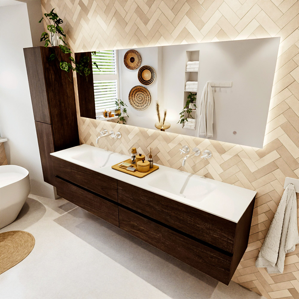 MONDIAZ VICA 200cm mueble de baño Dark Brown 4 cajones. Lavabo CLOUD Doble sin orificio color Talc con espejo LED. 1 MONDIAZ VICA 200cm mueble de baño Dark Brown 4 cajones. Lavabo CLOUD Doble sin orificio color Talc con espejo LED.
