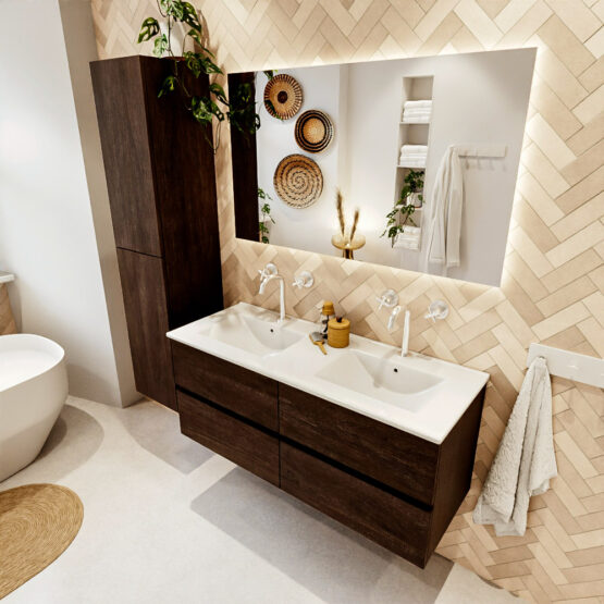 MONDIAZ VICA 120cm mueble de baño Dark Brown 4 cajones. Lavabo DENIA Doble 2 orificios color Blanco brillo con espejo LED.