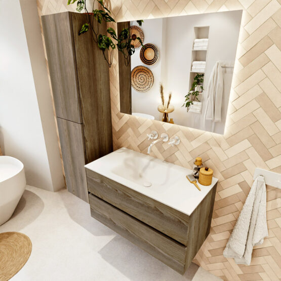 MONDIAZ VICA 90cm mueble de baño Dark Brown Grey 2 cajones. Lavabo CLOUD Centro sin orificio color Talc con espejo LED.