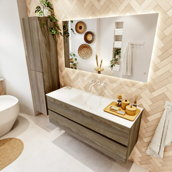 MONDIAZ VICA 130cm mueble de baño Dark Brown Grey 2 cajones. Lavabo CLOUD Centro sin orificio color Talc con espejo LED.