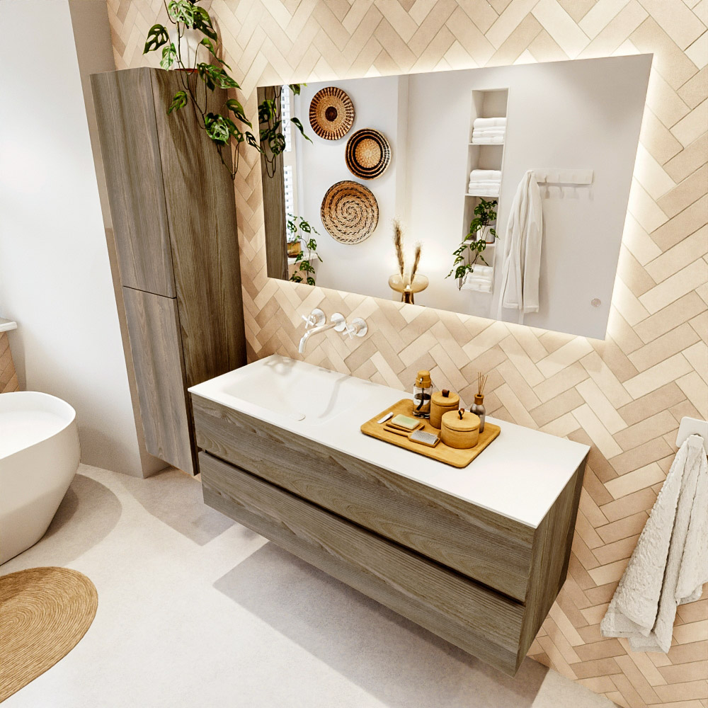 MONDIAZ VICA 130cm mueble de baño Dark Brown Grey 2 cajones. Lavabo CLOUD Izquierda sin orificio color Talc con espejo LED. 1 MONDIAZ VICA 130cm mueble de baño Dark Brown Grey 2 cajones. Lavabo CLOUD Izquierda sin orificio color Talc con espejo LED.