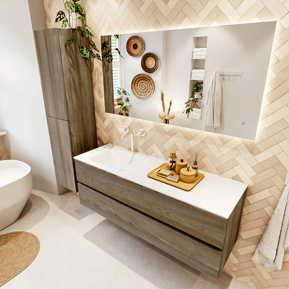 MONDIAZ VICA 140cm mueble de baño Dark Brown Grey 2 cajones. Lavabo CLOUD Izquierda 1 orificio color Talc con espejo LED. 1 MONDIAZ VICA 140cm mueble de baño Dark Brown Grey 2 cajones. Lavabo CLOUD Izquierda 1 orificio color Talc con espejo LED.