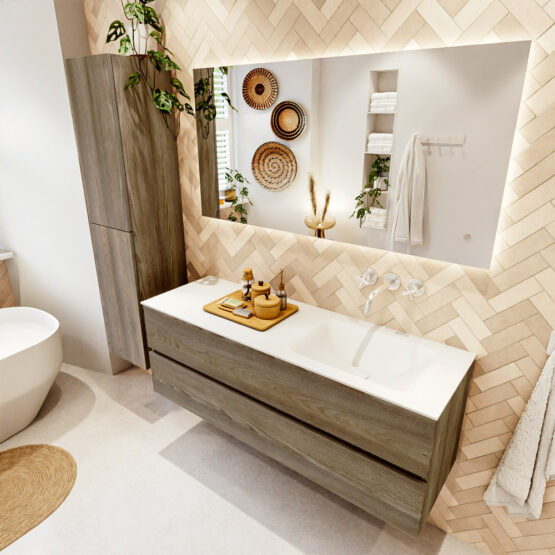 MONDIAZ VICA 140cm mueble de baño Dark Brown Grey 2 cajones. Lavabo CLOUD Derecho sin orificio color Talc con espejo LED.