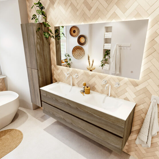 MONDIAZ VICA 150cm mueble de baño Dark Brown Grey 2 cajones. Lavabo CLOUD Doble 2 orificios color Talc con espejo LED.