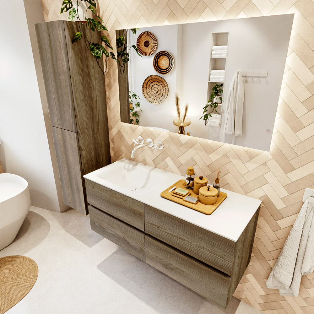 MONDIAZ VICA 120cm mueble de baño Dark Brown Grey 4 cajones. Lavabo CLOUD Izquierda sin orificio color Talc con espejo LED. 1 MONDIAZ VICA 120cm mueble de baño Dark Brown Grey 4 cajones. Lavabo CLOUD Izquierda sin orificio color Talc con espejo LED.