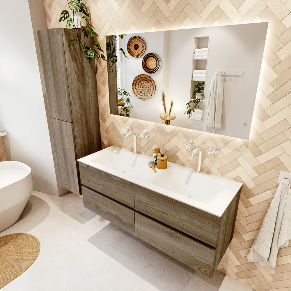 MONDIAZ VICA 130cm mueble de baño Dark Brown Grey 4 cajones. Lavabo CLOUD Doble 2 orificios color Talc con espejo LED. 1 MONDIAZ VICA 130cm mueble de baño Dark Brown Grey 4 cajones. Lavabo CLOUD Doble 2 orificios color Talc con espejo LED.