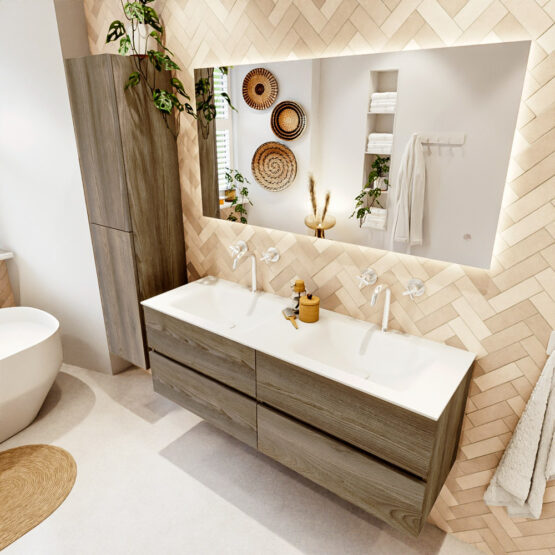 MONDIAZ VICA 140cm mueble de baño Dark Brown Grey 4 cajones. Lavabo CLOUD Doble 2 orificios color Talc con espejo LED.