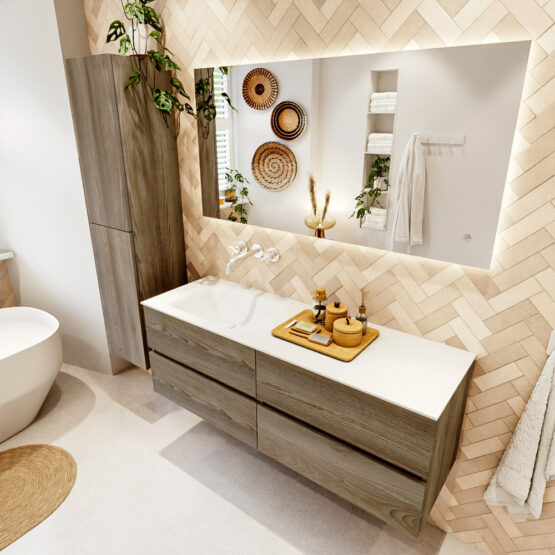 MONDIAZ VICA 140cm mueble de baño Dark Brown Grey 4 cajones. Lavabo CLOUD Izquierda sin orificio color Talc con espejo LED.