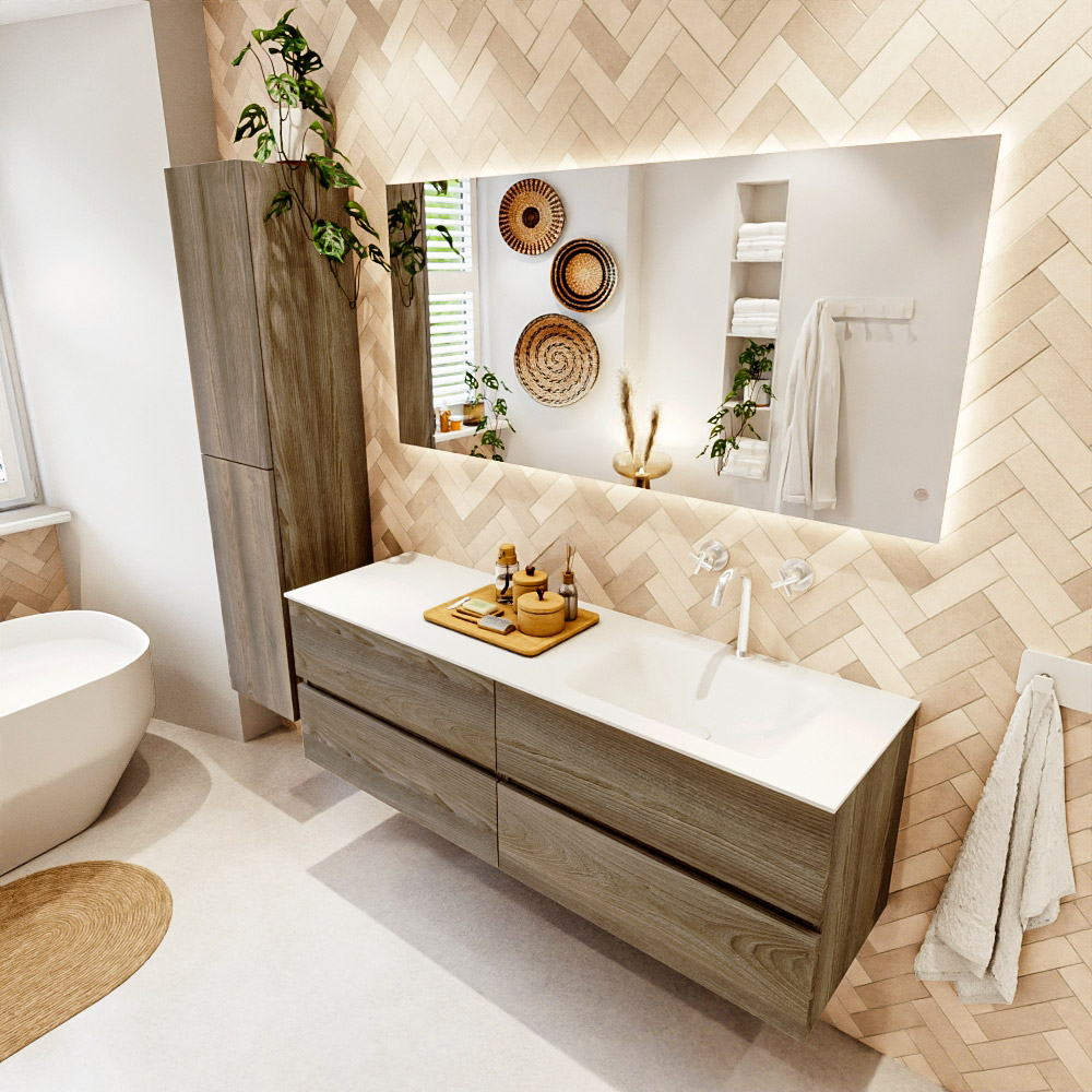 MONDIAZ VICA 150cm mueble de baño Dark Brown Grey 4 cajones. Lavabo CLOUD Derecho 1 orificio color Talc con espejo LED. 1 MONDIAZ VICA 150cm mueble de baño Dark Brown Grey 4 cajones. Lavabo CLOUD Derecho 1 orificio color Talc con espejo LED.