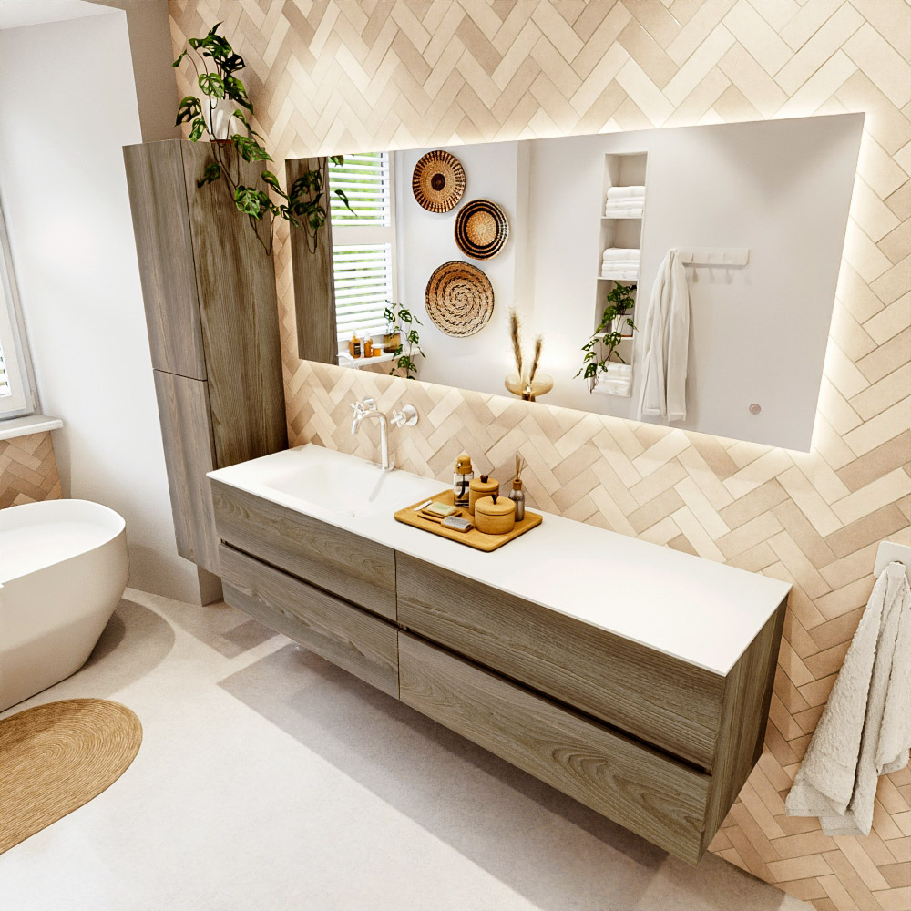 MONDIAZ VICA 180cm mueble de baño Dark Brown Grey 4 cajones. Lavabo CLOUD Izquierda 1 orificio color Talc con espejo LED. 1 MONDIAZ VICA 180cm mueble de baño Dark Brown Grey 4 cajones. Lavabo CLOUD Izquierda 1 orificio color Talc con espejo LED.