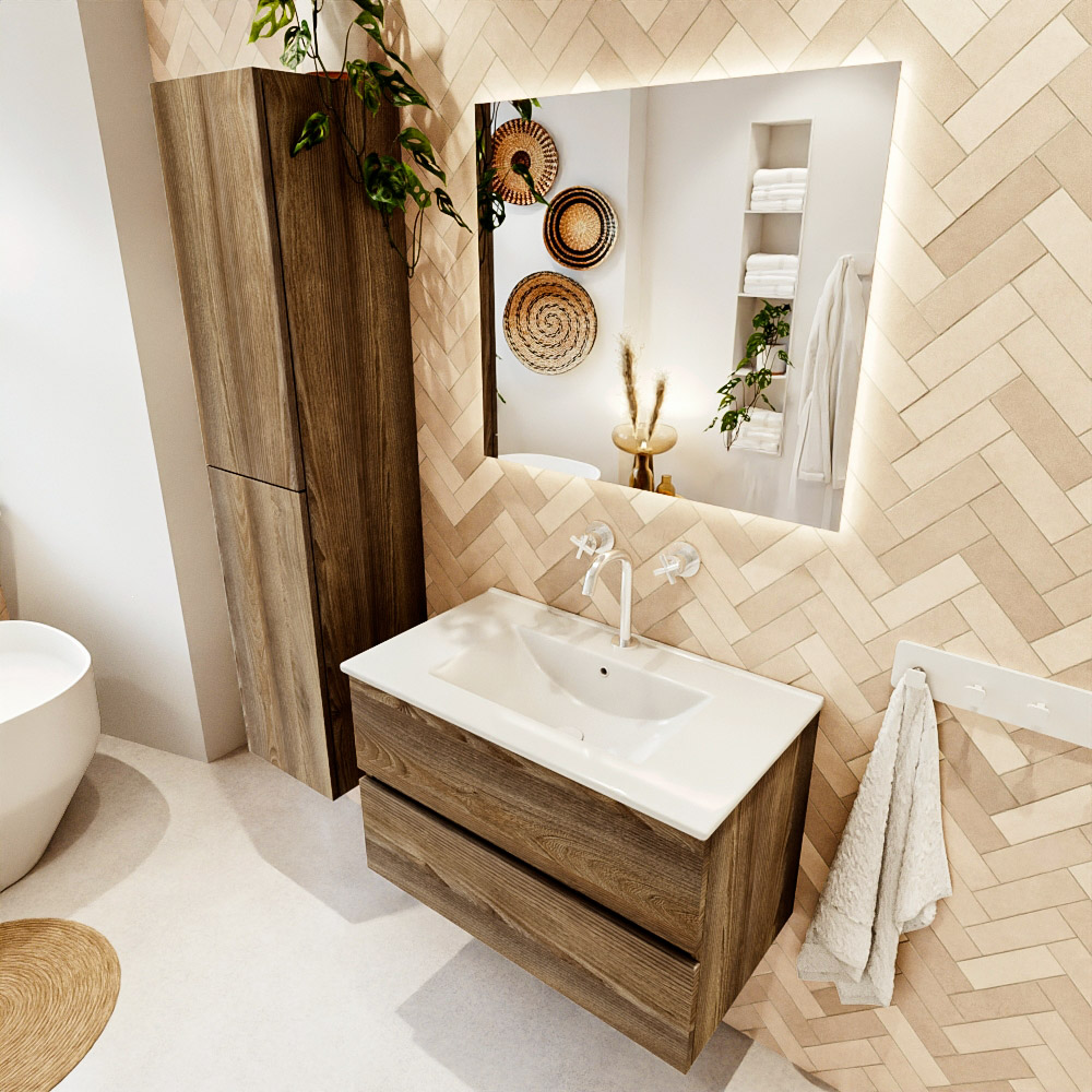 MONDIAZ VICA 80cm mueble de baño Dark Brown Grey 2 cajones. Lavabo DENIA Centro 1 orificio, color Blanco brillo. 1 MONDIAZ VICA 80cm mueble de baño Dark Brown Grey 2 cajones. Lavabo DENIA Centro 1 orificio
