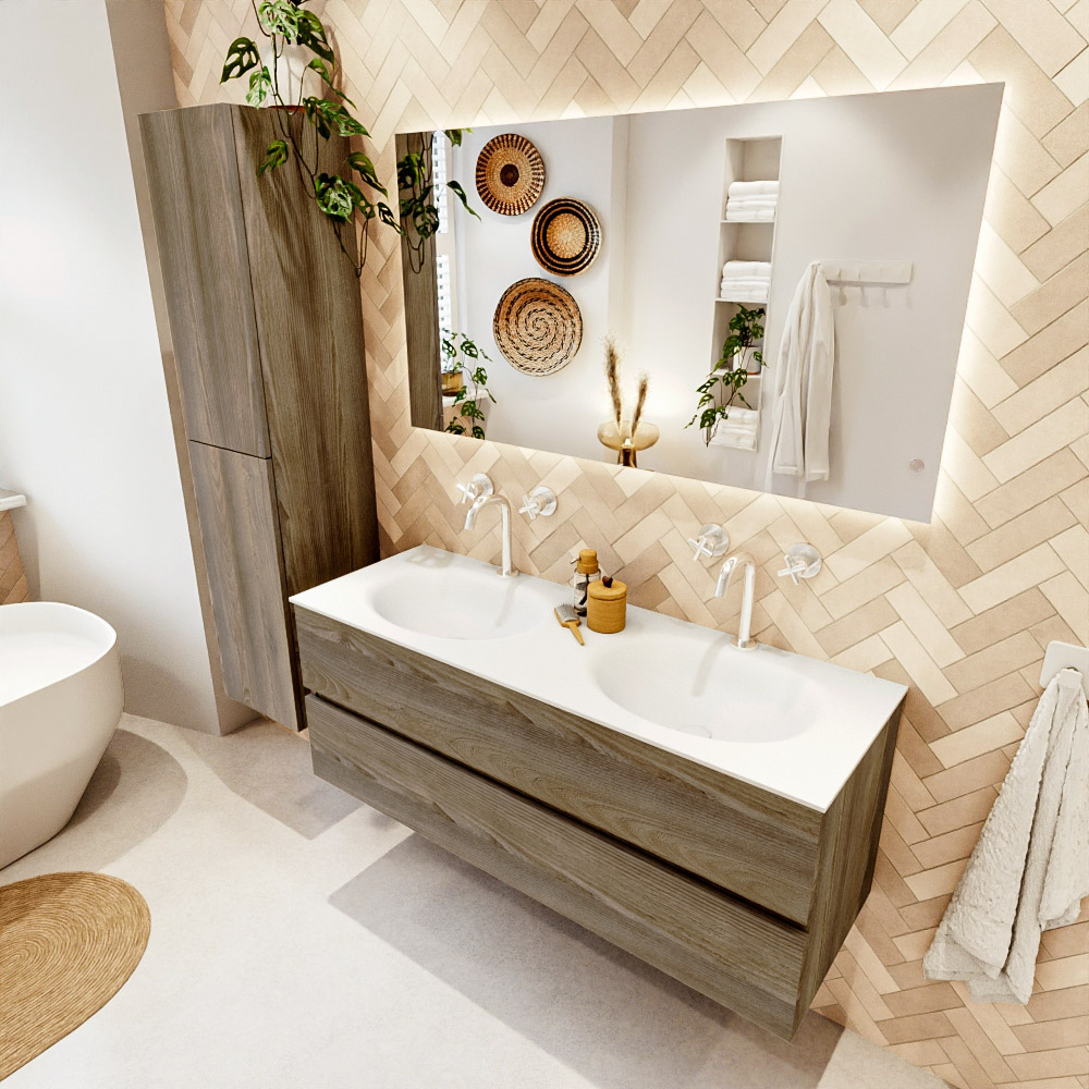 MONDIAZ VICA 130cm mueble de baño Dark Brown Grey 2 cajones. Lavabo MOON Doble 2 orificios color Talc con espejo LED. 1 MONDIAZ VICA 130cm mueble de baño Dark Brown Grey 2 cajones. Lavabo MOON Doble 2 orificios color Talc con espejo LED.
