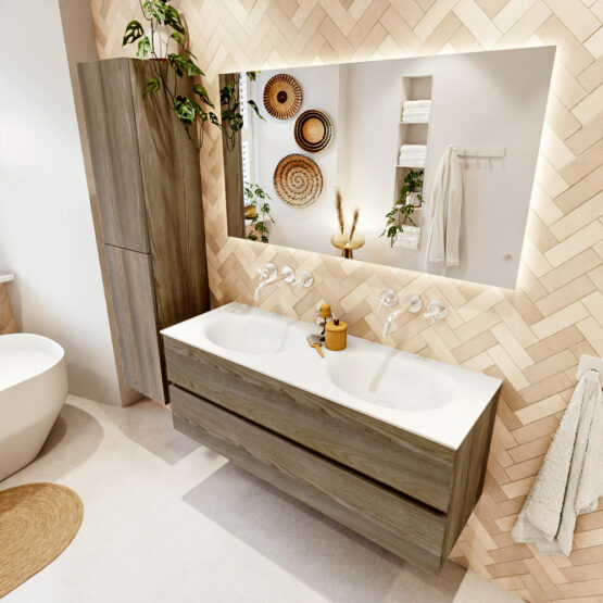 MONDIAZ VICA 130cm mueble de baño Dark Brown Grey 2 cajones. Lavabo MOON Doble sin orificio color Talc con espejo LED.