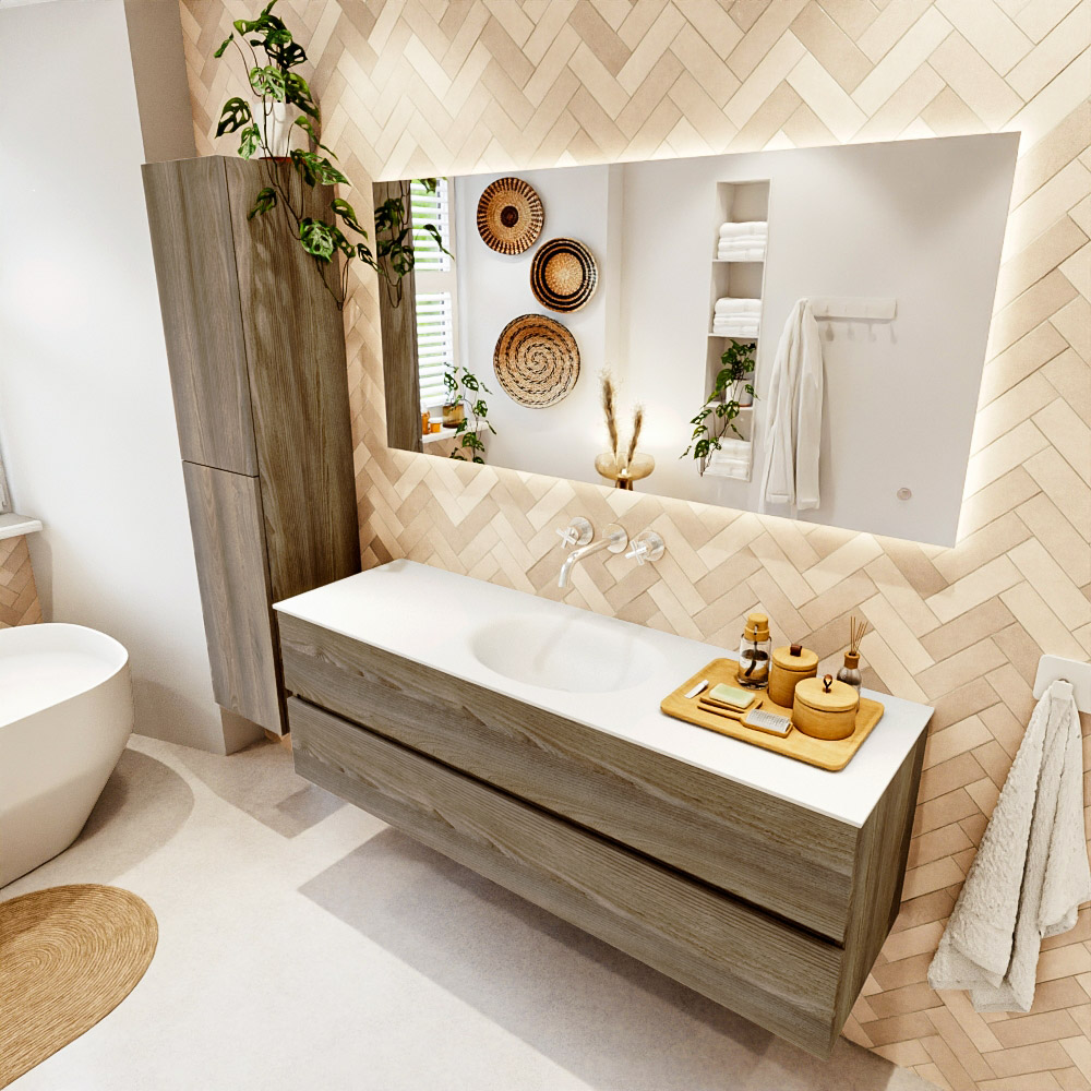 MONDIAZ VICA 150cm mueble de baño Dark Brown Grey 2 cajones. Lavabo MOON Centro sin orificio color Talc con espejo LED. 1 MONDIAZ VICA 150cm mueble de baño Dark Brown Grey 2 cajones. Lavabo MOON Centro sin orificio color Talc con espejo LED.