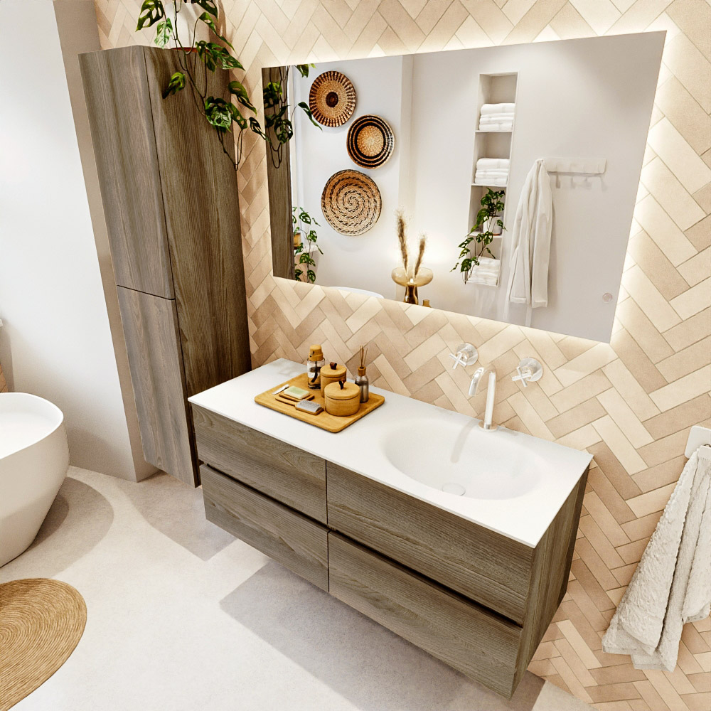 MONDIAZ VICA 120cm mueble de baño Dark Brown Grey 4 cajones. Lavabo MOON Derecho 1 orificio color Talc con espejo LED. 1 MONDIAZ VICA 120cm mueble de baño Dark Brown Grey 4 cajones. Lavabo MOON Derecho 1 orificio color Talc con espejo LED.