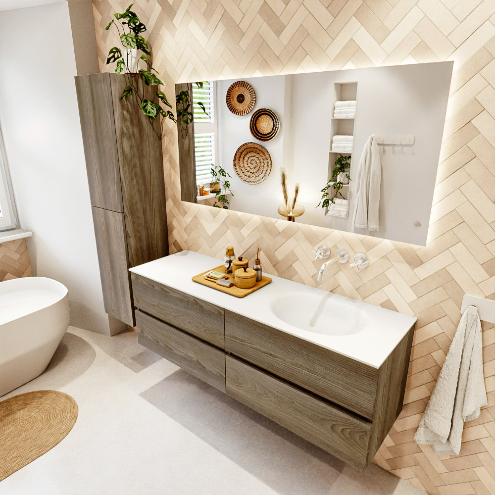 MONDIAZ VICA 150cm mueble de baño Dark Brown Grey 4 cajones. Lavabo MOON Derecho sin orificio color Talc con espejo LED. 1 MONDIAZ VICA 150cm mueble de baño Dark Brown Grey 4 cajones. Lavabo MOON Derecho sin orificio color Talc con espejo LED.
