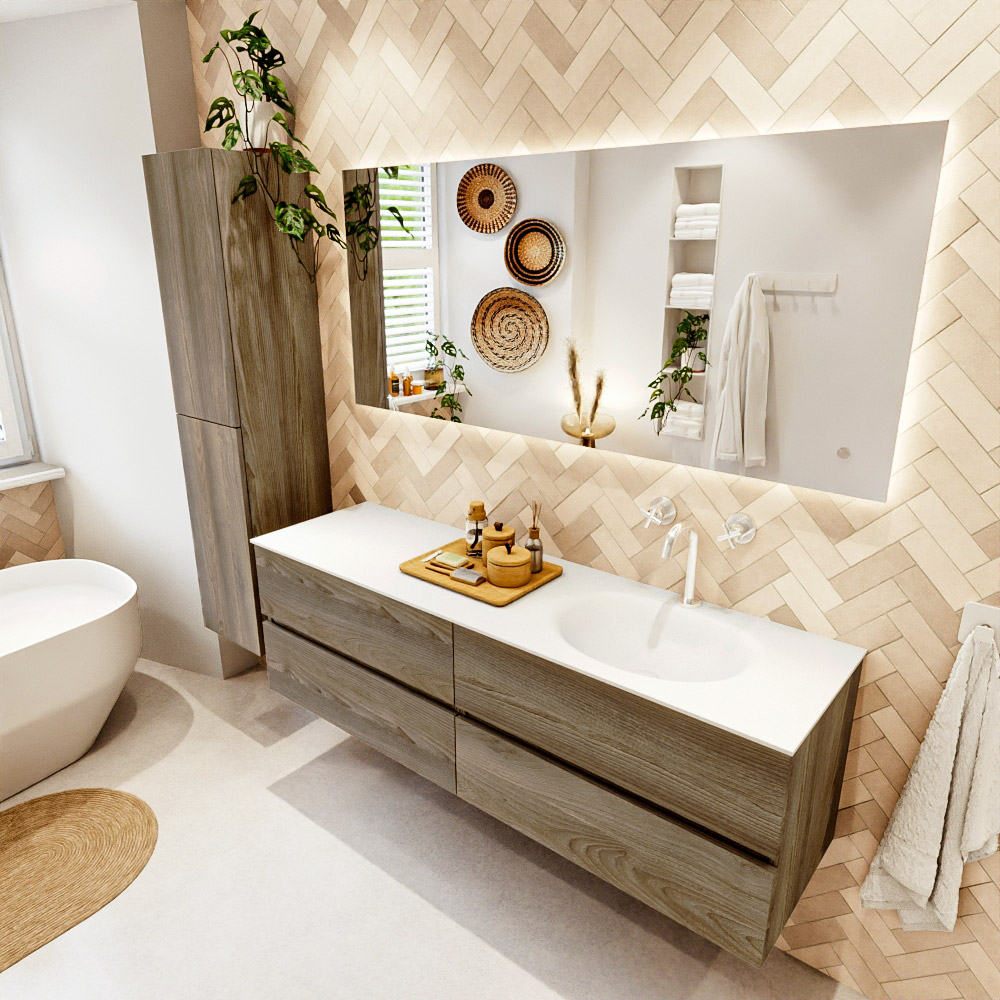 MONDIAZ VICA 160cm mueble de baño Dark Brown Grey 4 cajones. Lavabo MOON Derecho 1 orificio color Talc con espejo LED. 1 MONDIAZ VICA 160cm mueble de baño Dark Brown Grey 4 cajones. Lavabo MOON Derecho 1 orificio color Talc con espejo LED.