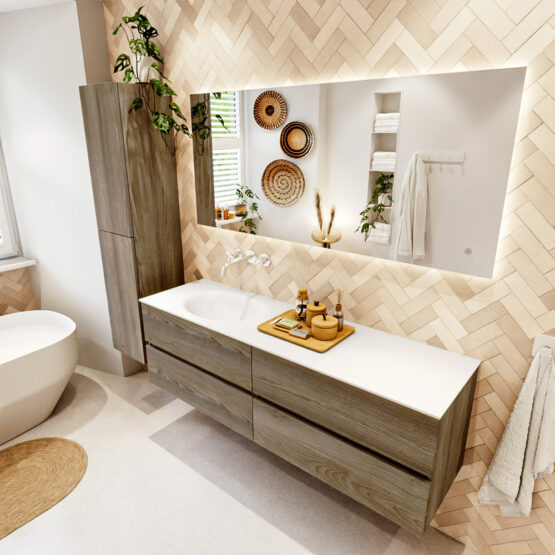 MONDIAZ VICA 160cm mueble de baño Dark Brown Grey 4 cajones. Lavabo MOON Izquierda sin orificio color Talc con espejo LED.