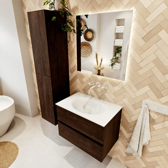 MONDIAZ VICA 70cm mueble de baño Dark Brown 2 cajones. Lavabo MOON Centro sin orificio color Talc con espejo LED.