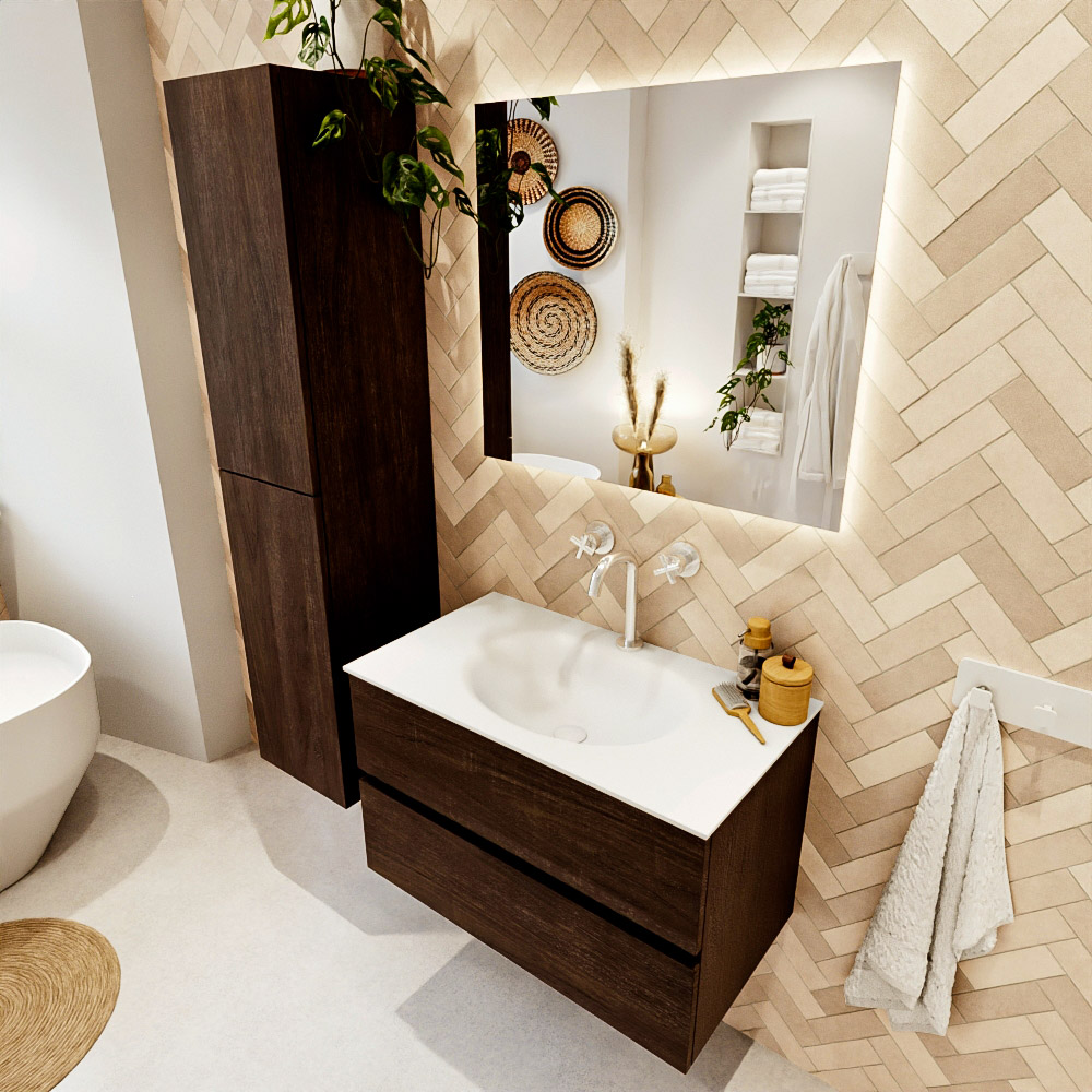 MONDIAZ VICA 80cm mueble de baño Dark Brown 2 cajones. Lavabo MOON Centro 1 orificio, color Talc. 1 MONDIAZ VICA 80cm mueble de baño Dark Brown 2 cajones. Lavabo MOON Centro 1 orificio
