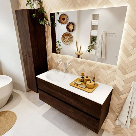 MONDIAZ VICA 120cm mueble de baño Dark Brown 2 cajones. Lavabo MOON Izquierda 1 orificio color Talc con espejo LED.