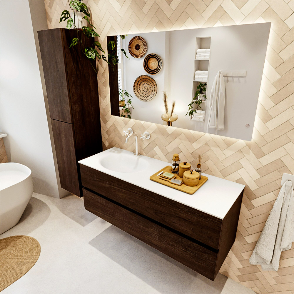 MONDIAZ VICA 130cm mueble de baño Dark Brown 2 cajones. Lavabo MOON Izquierda 1 orificio color Talc con espejo LED. 1 MONDIAZ VICA 130cm mueble de baño Dark Brown 2 cajones. Lavabo MOON Izquierda 1 orificio color Talc con espejo LED.