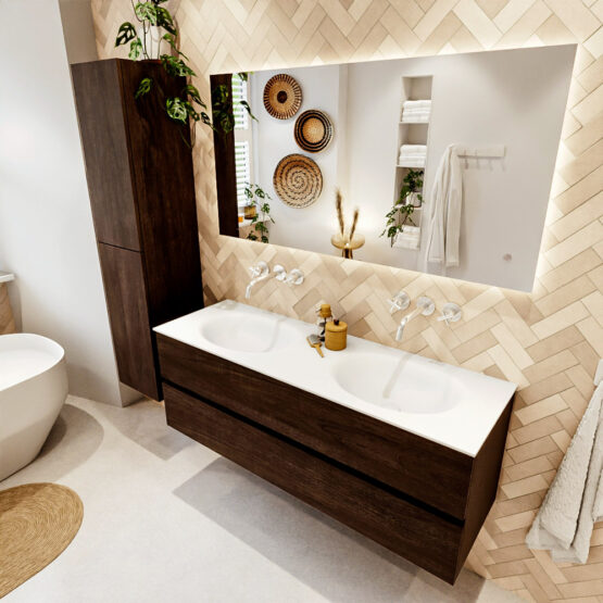 MONDIAZ VICA 140cm mueble de baño Dark Brown 2 cajones. Lavabo MOON Doble sin orificio color Talc con espejo LED.