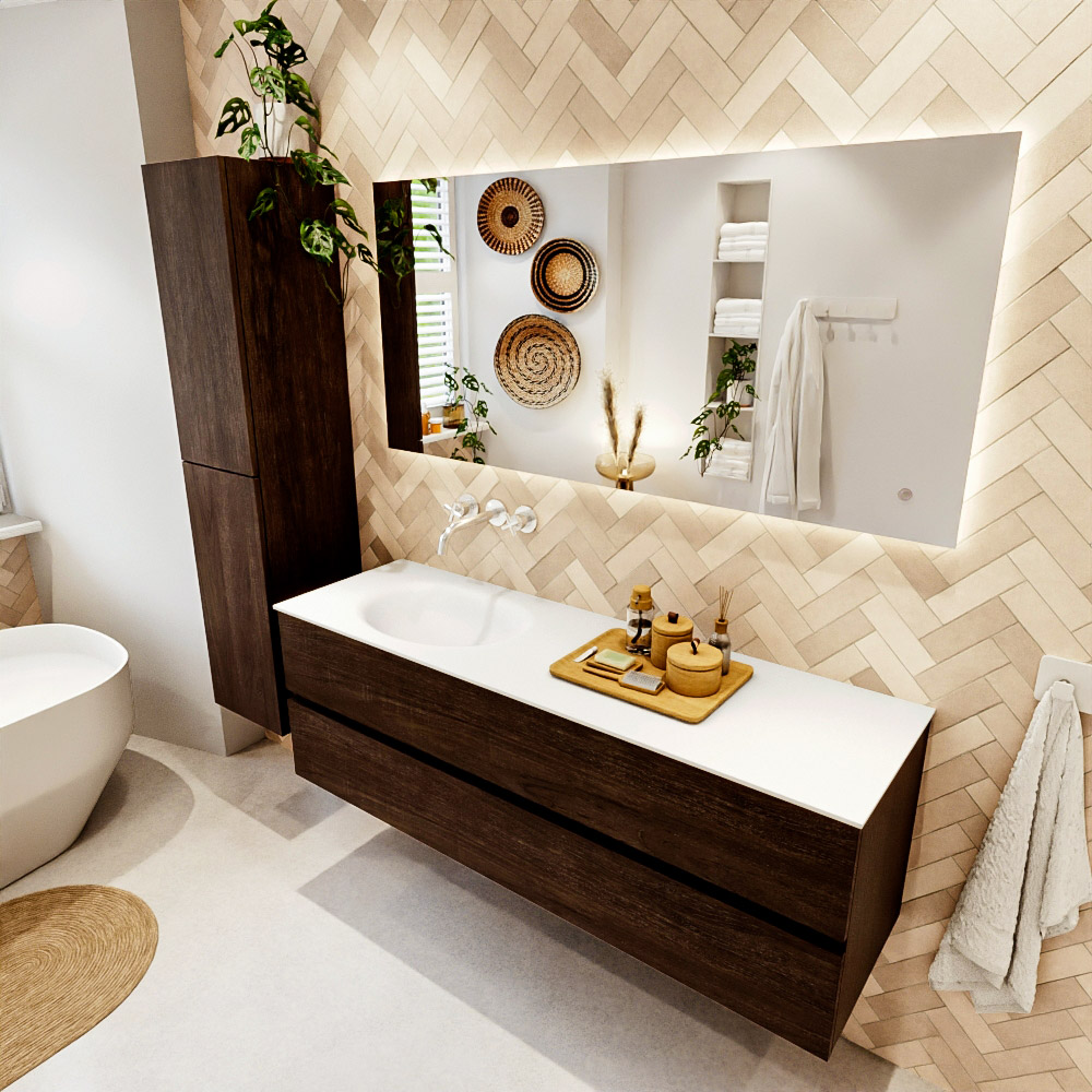 MONDIAZ VICA 150cm mueble de baño Dark Brown 2 cajones. Lavabo MOON Izquierda sin orificio color Talc con espejo LED. 1 MONDIAZ VICA 150cm mueble de baño Dark Brown 2 cajones. Lavabo MOON Izquierda sin orificio color Talc con espejo LED.