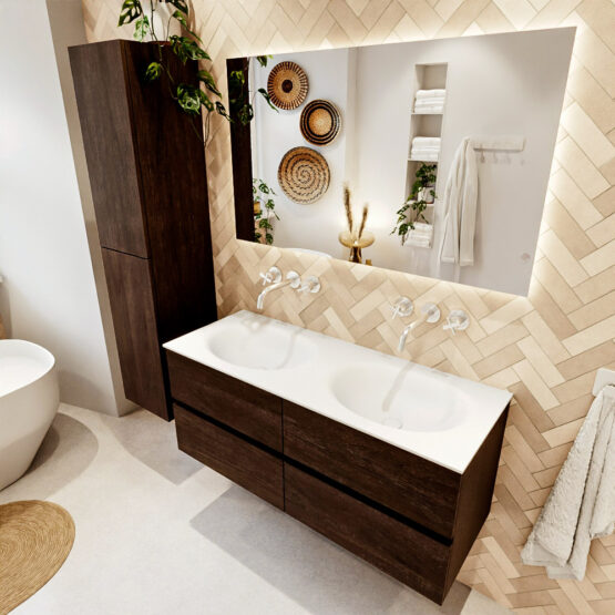 MONDIAZ VICA 120cm mueble de baño Dark Brown 4 cajones. Lavabo MOON Doble sin orificio color Talc con espejo LED.