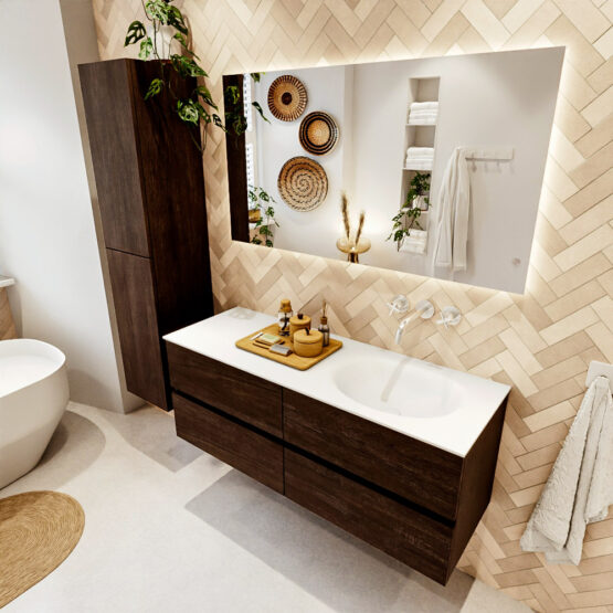 MONDIAZ VICA 130cm mueble de baño Dark Brown 4 cajones. Lavabo MOON Derecho sin orificio color Talc con espejo LED.