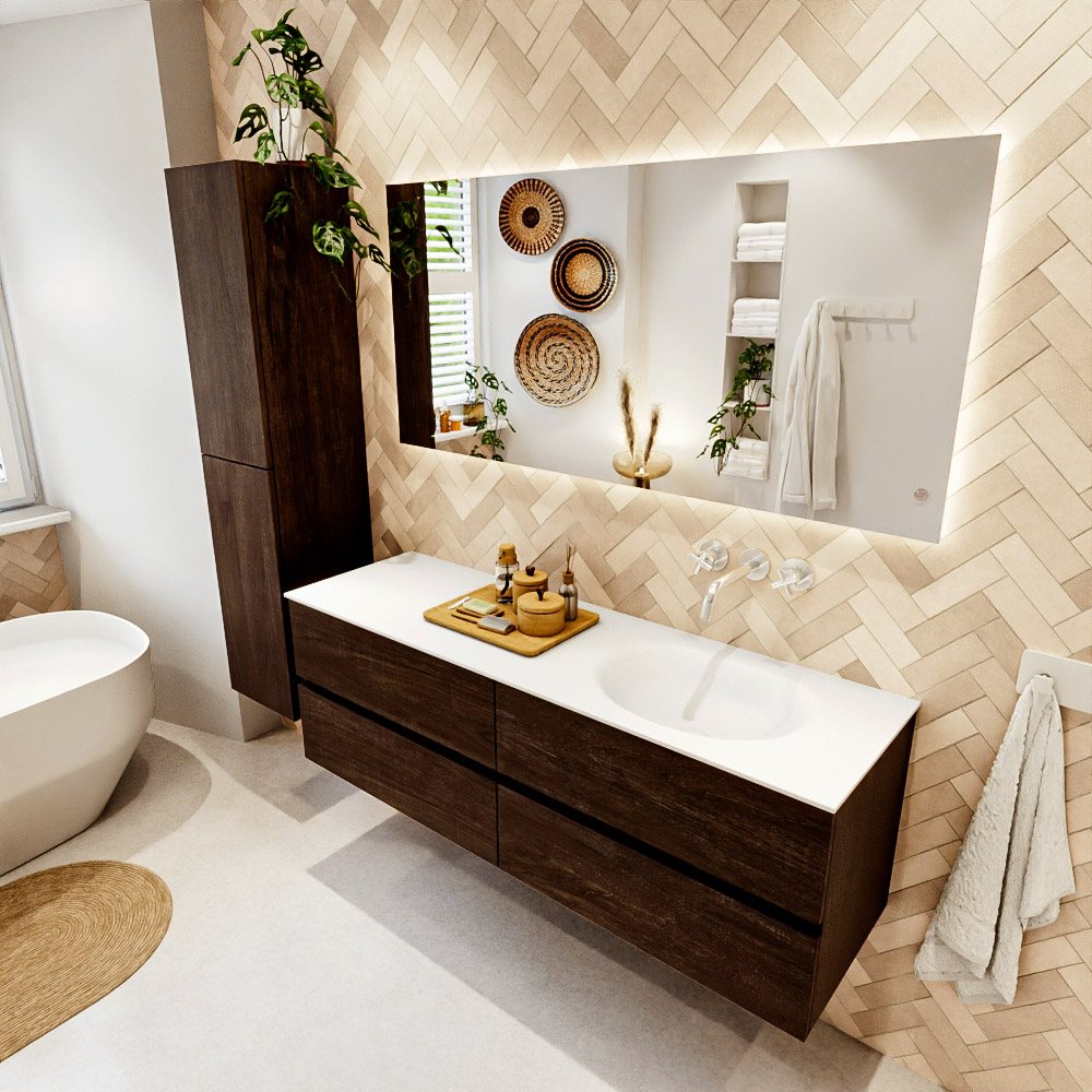 MONDIAZ VICA 150cm mueble de baño Dark Brown 4 cajones. Lavabo MOON Derecho sin orificio color Talc con espejo LED. 1 MONDIAZ VICA 150cm mueble de baño Dark Brown 4 cajones. Lavabo MOON Derecho sin orificio color Talc con espejo LED.