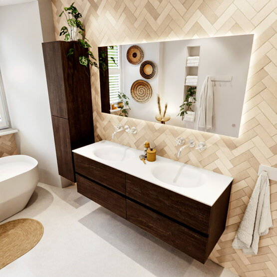 MONDIAZ VICA 150cm mueble de baño Dark Brown 4 cajones. Lavabo MOON Doble sin orificio color Talc con espejo LED.