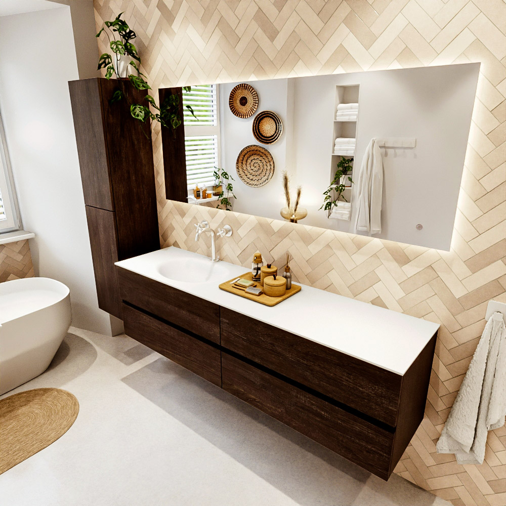 MONDIAZ VICA 180cm mueble de baño Dark Brown 4 cajones. Lavabo MOON Izquierda 1 orificio color Talc con espejo LED. 1 MONDIAZ VICA 180cm mueble de baño Dark Brown 4 cajones. Lavabo MOON Izquierda 1 orificio color Talc con espejo LED.