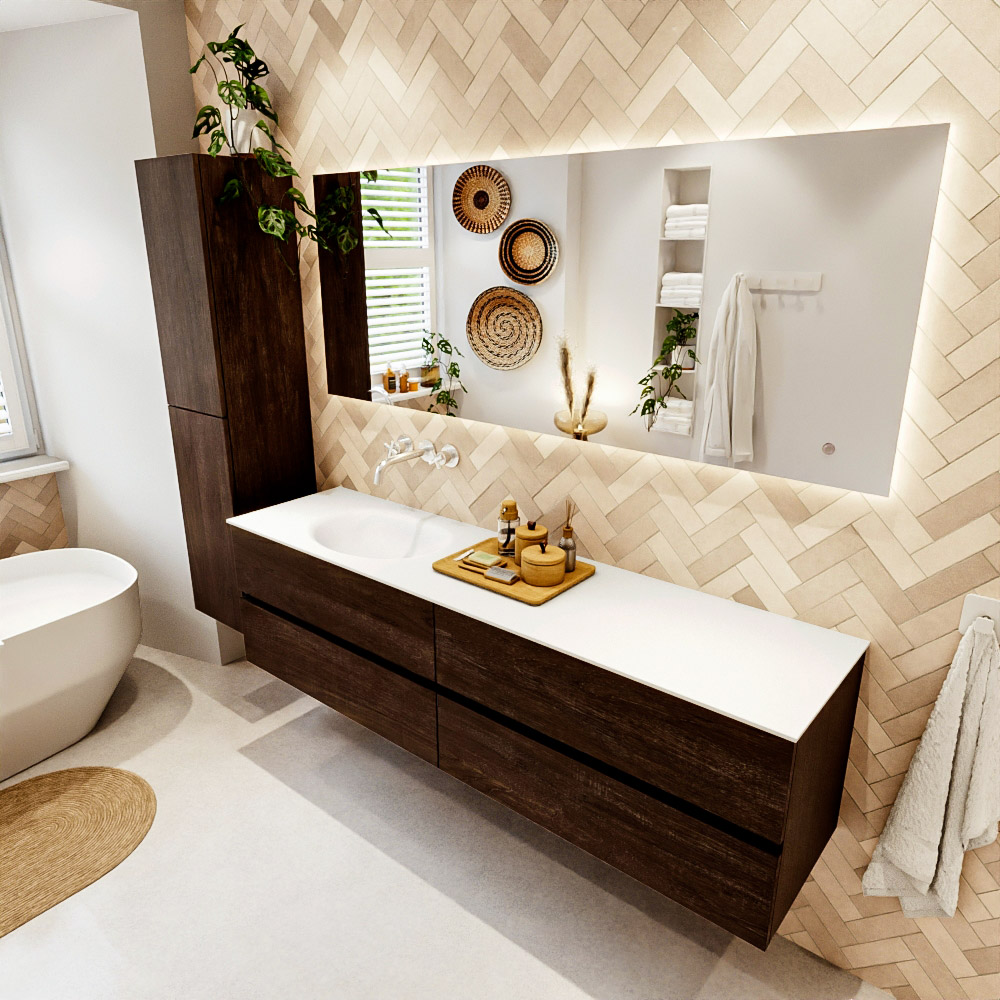 MONDIAZ VICA 180cm mueble de baño Dark Brown 4 cajones. Lavabo MOON Izquierda sin orificio color Talc con espejo LED. 1 MONDIAZ VICA 180cm mueble de baño Dark Brown 4 cajones. Lavabo MOON Izquierda sin orificio color Talc con espejo LED.